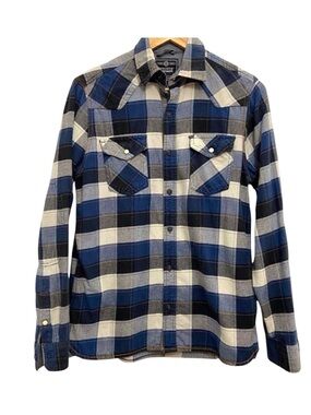 PRIVATE Member Mens plaid 100% cotton button down shirt blue ecru white in small